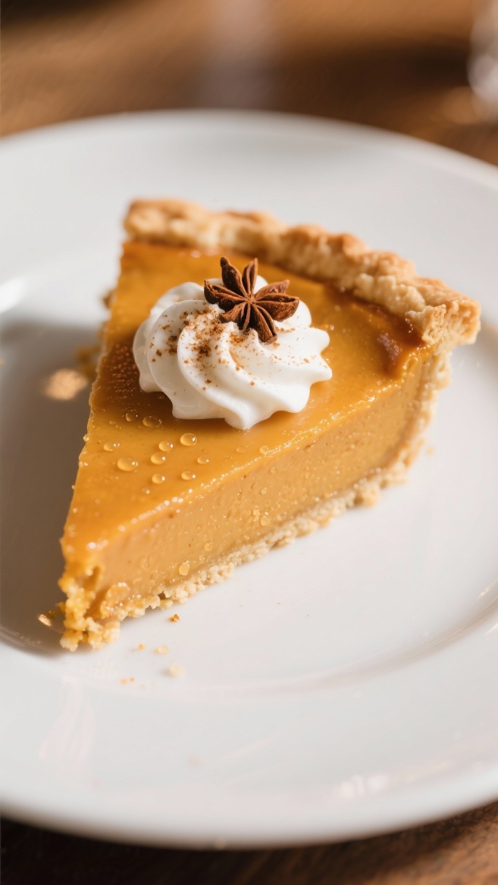 Final plated slice: Three-quarter close-up of a single, perfectly cut slice of pumpkin pie on a matt