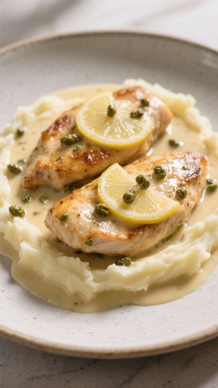 Final presentation hero: Restaurant-quality plate of creamy chicken piccata with two glossy cutlets