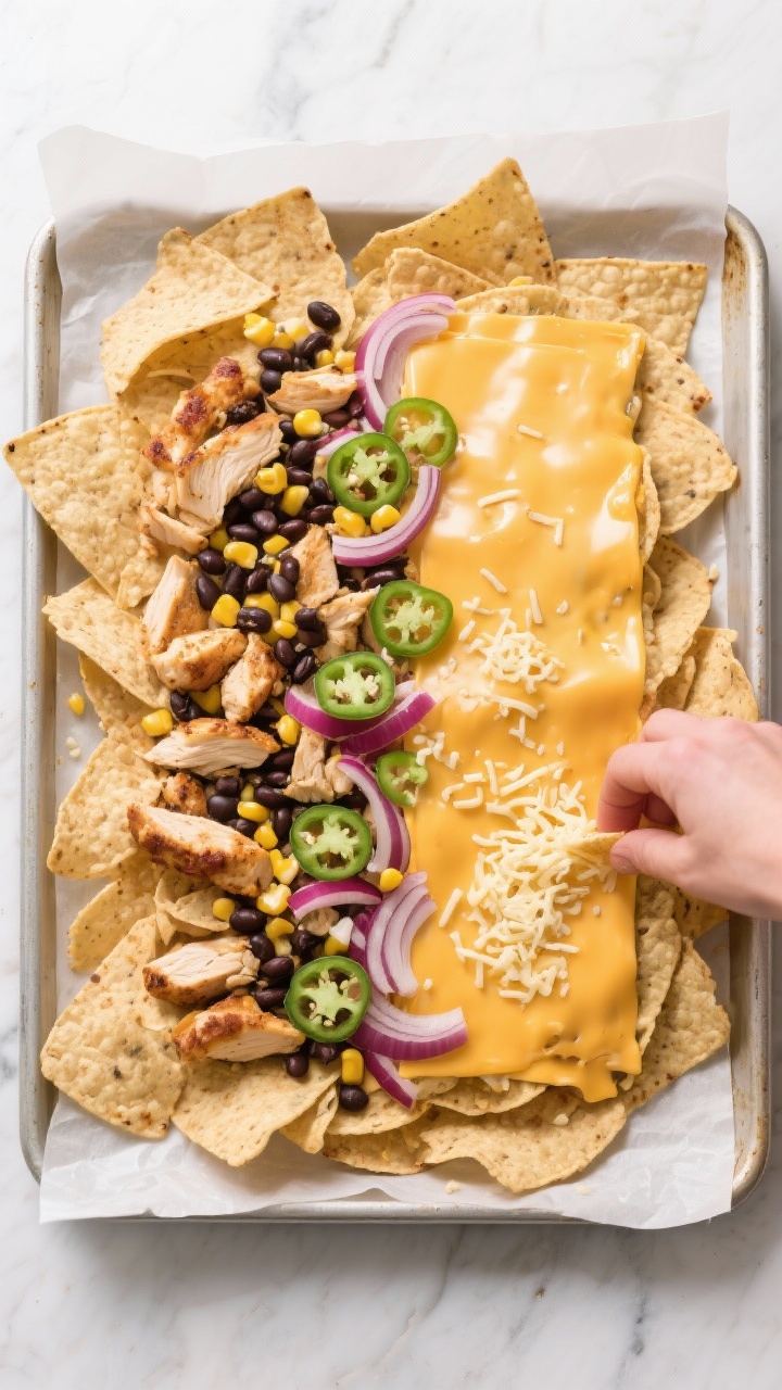 Layering on the sheet pan: Overhead shot of a large rimmed sheet pan at the “first cheese layer”