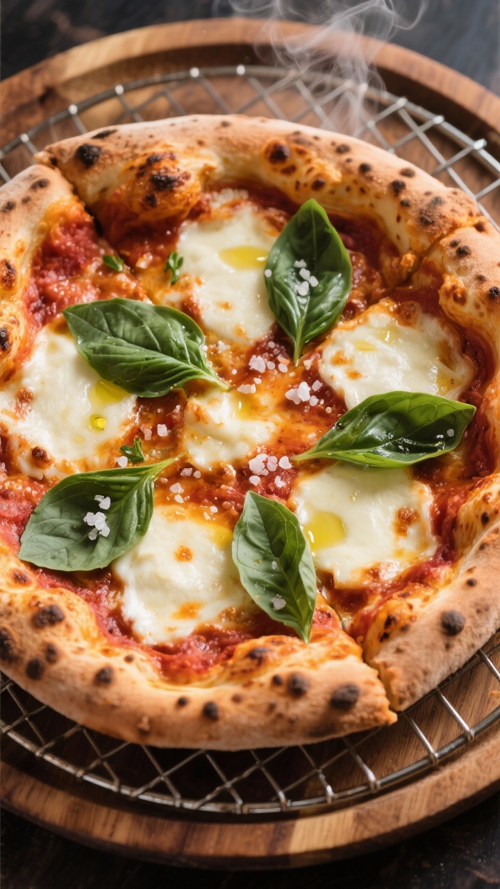 Overhead “just baked” shot: of a Margherita pizza fresh from a 500°F oven, golden blistered cru