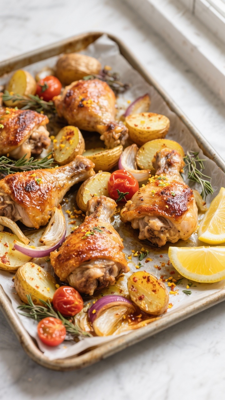 Overhead shot of a just-roasted sheet pan of bone-in, skin-on chicken thighs and 1-inch Yukon Gold p
