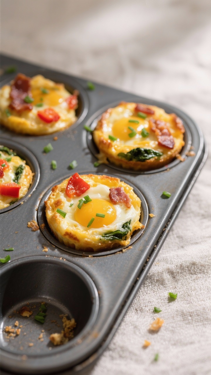 Overhead shot of freshly baked breakfast egg muffins still in the muffin tin, golden-cheese tops sli