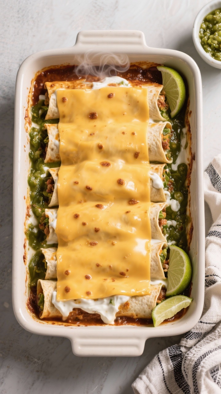 Overhead “tasty top view”: A 9x13 baking dish filled with neatly lined enchiladas, evenly coated