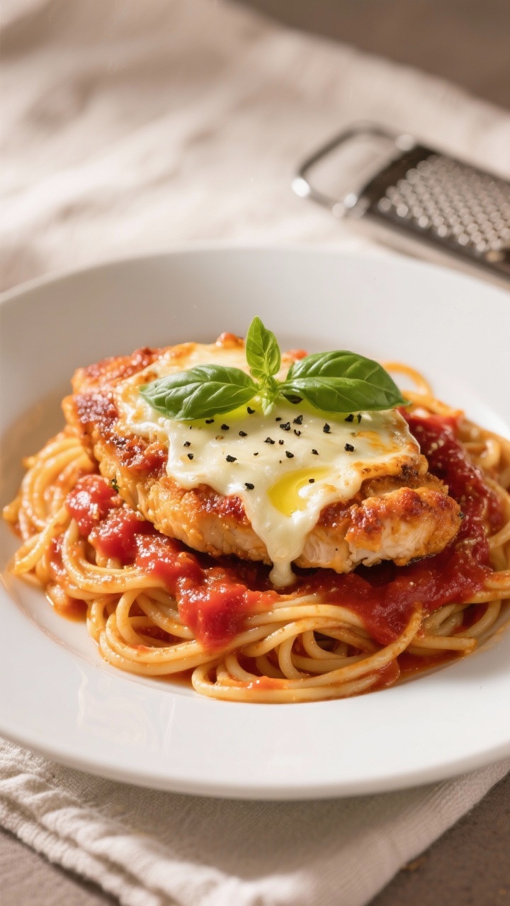 Plated presentation: Restaurant-quality plate of Chicken Parmesan over al dente spaghetti lightly co