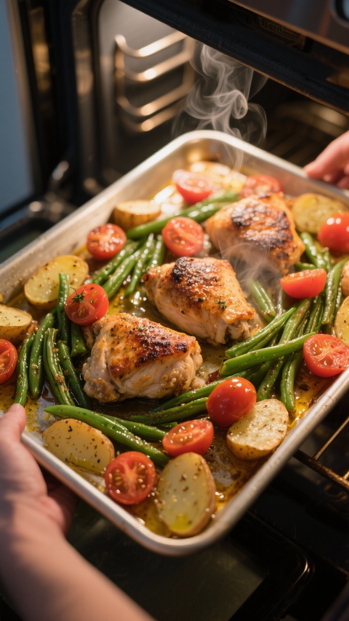 Process action shot (no hands): the sheet pan mid-roast at the 20-minute mark just after adding quic