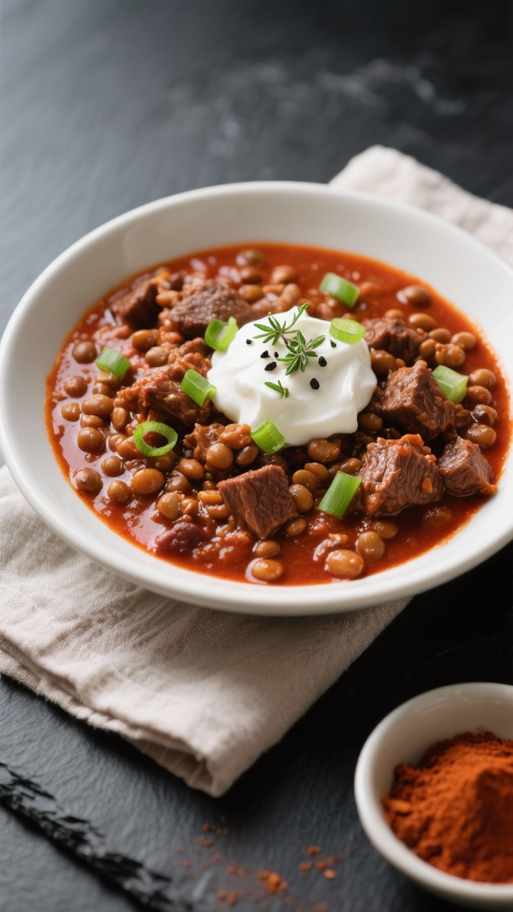 Tasty top view — Beef and lentil chili: overhead shot of a deep, simmered chili with beef chuck an
