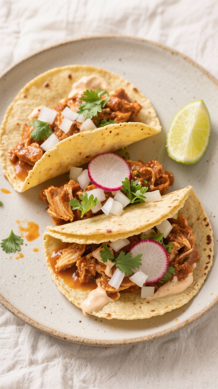 Tasty top view: Chicken tinga tacos on warm corn tortillas, overhead shot showing generous saucy fil