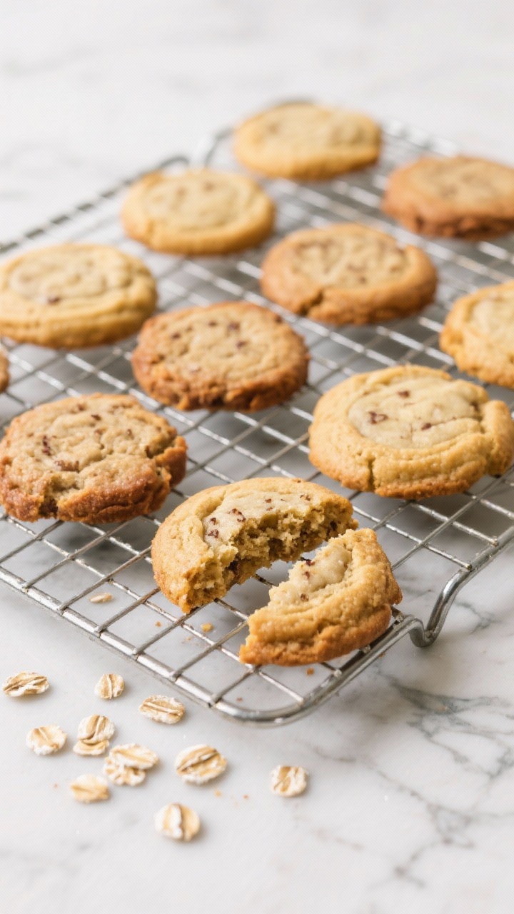 Tasty top view: Overhead bakery-style spread of cooled banana bread cookies on a wire rack, showing
