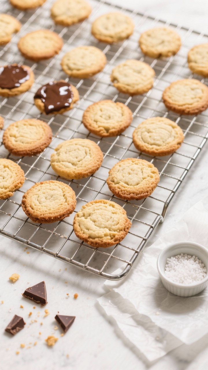 Tasty top view: Overhead cooling rack scene with a neat grid of finished cookies at varying doneness