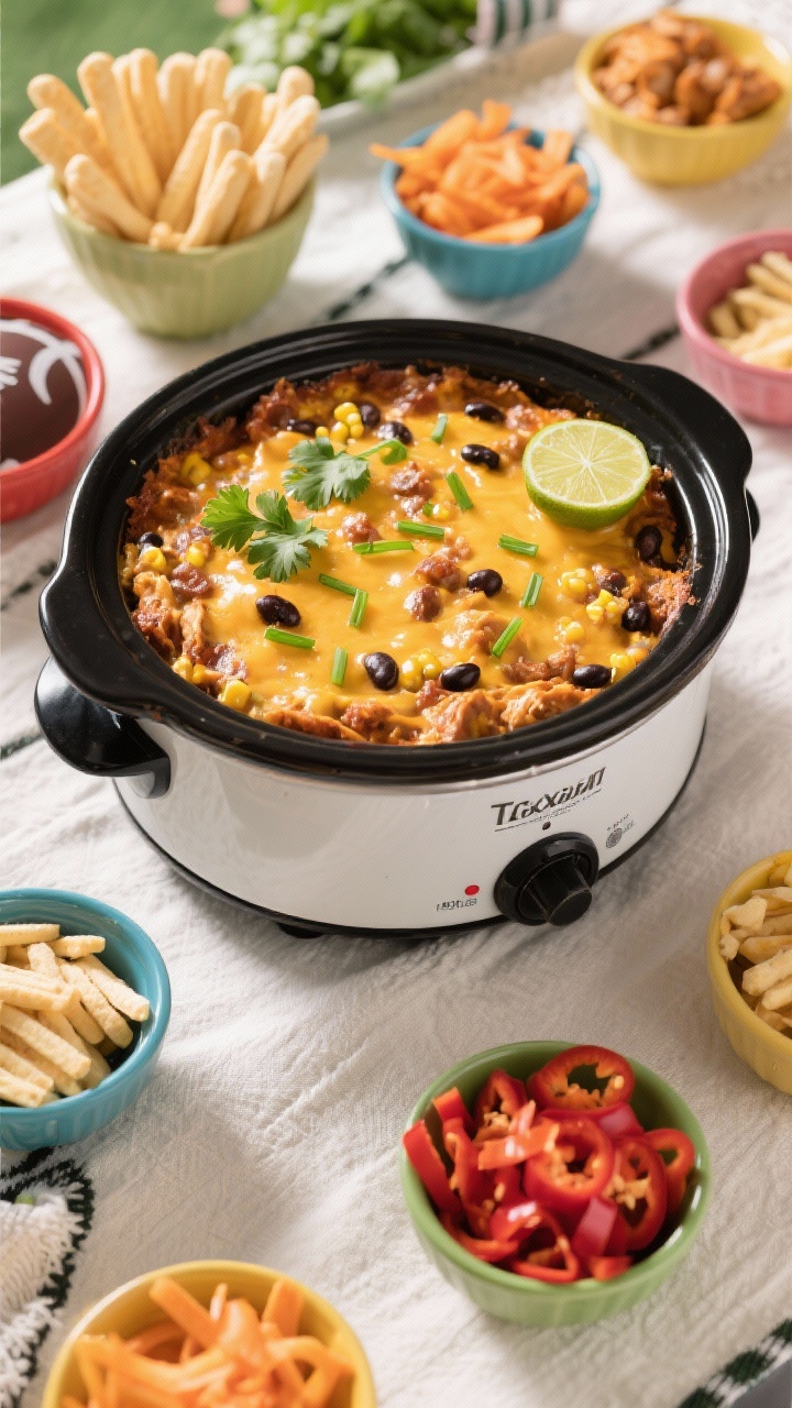Tasty top view: Overhead party spread featuring the BBQ Chicken Dip kept warm in a small slow cooker