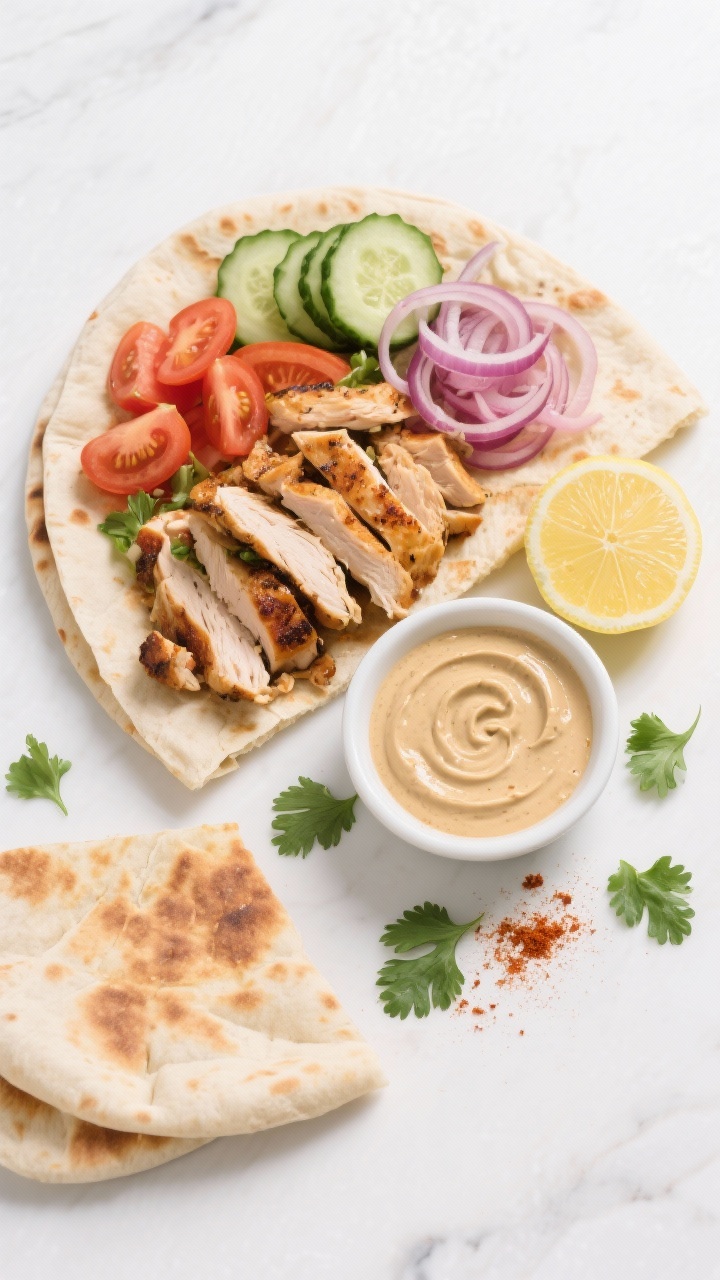 Tasty top view: Overhead shot of a build-your-own shawarma spread—warm pita, sliced shawarma chick