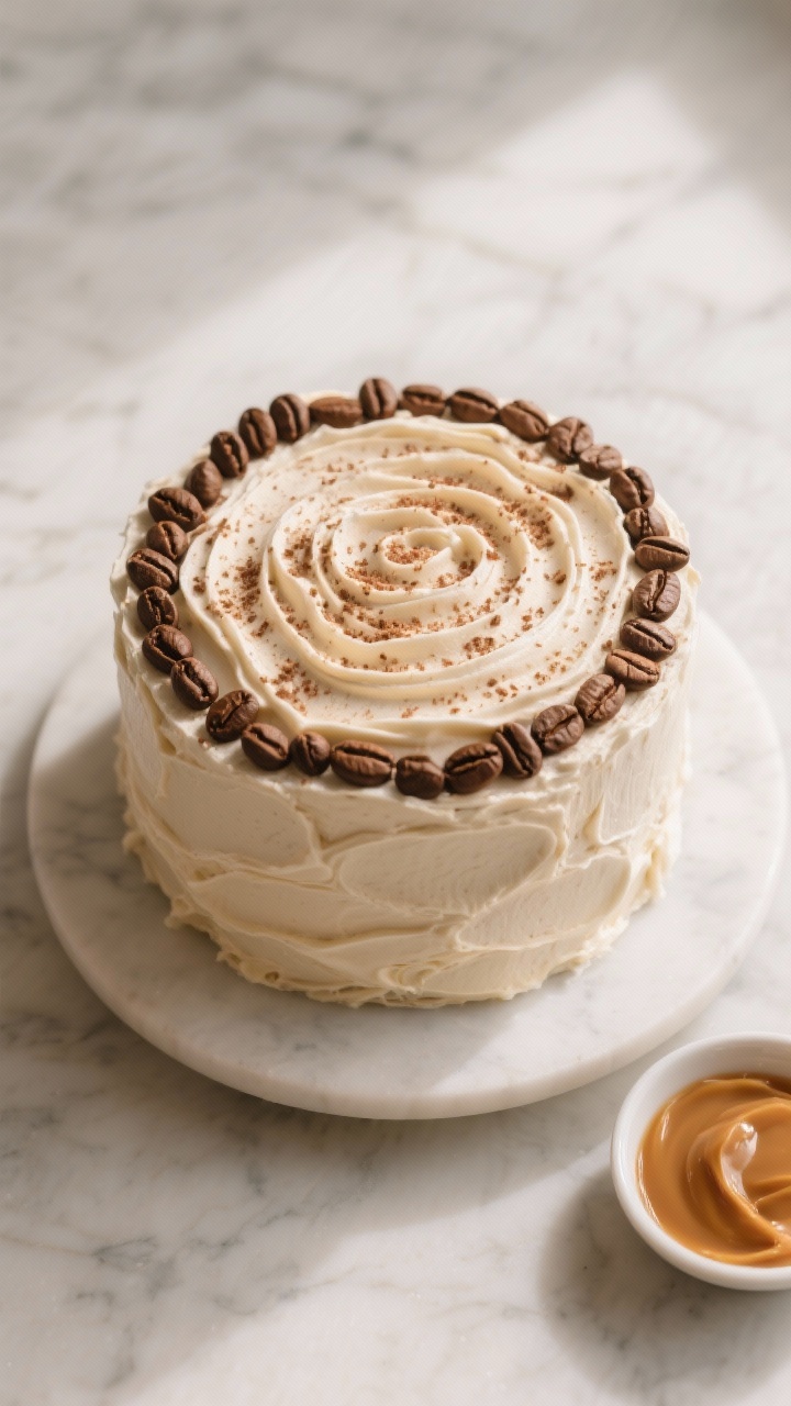 Tasty top view: Overhead shot of a finished 8-inch frosted cake on a cake stand, frosting swirls vis