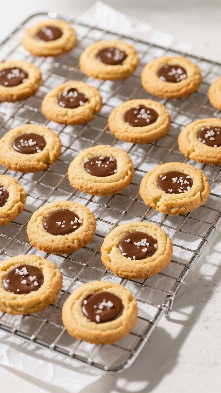 Tasty top view: Overhead shot of a full cooling rack of uniformly baked cookies, evenly spaced, show