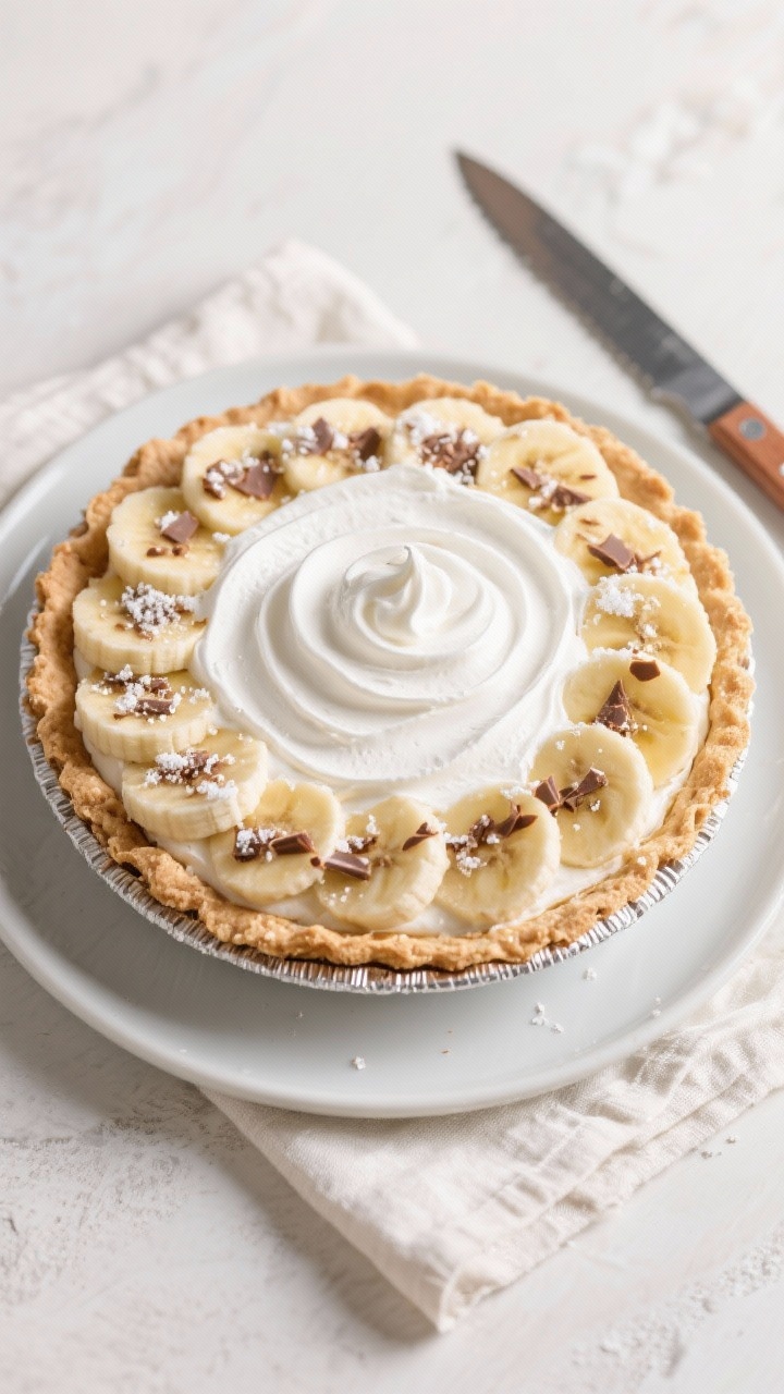 Tasty top view: Overhead shot of a fully chilled banana cream pie crowned with softly swirled whippe