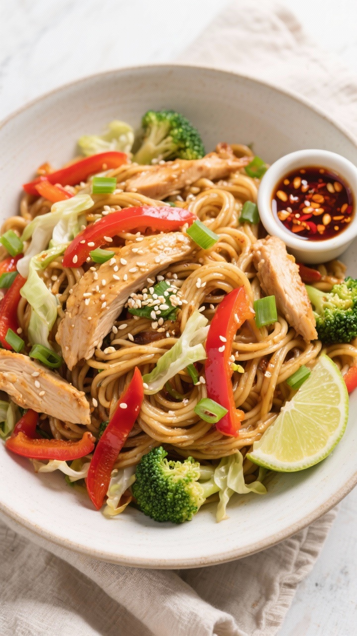 Tasty top view: Overhead shot of a generous family-style bowl of chicken lo mein, noodles twirled in