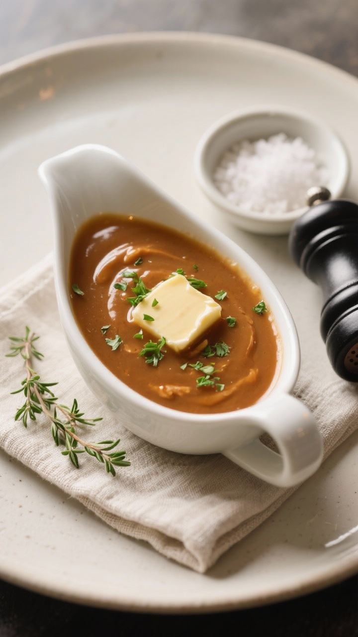 Tasty top view: Overhead shot of a gravy boat filled with rich chicken gravy, ultra-smooth surface w