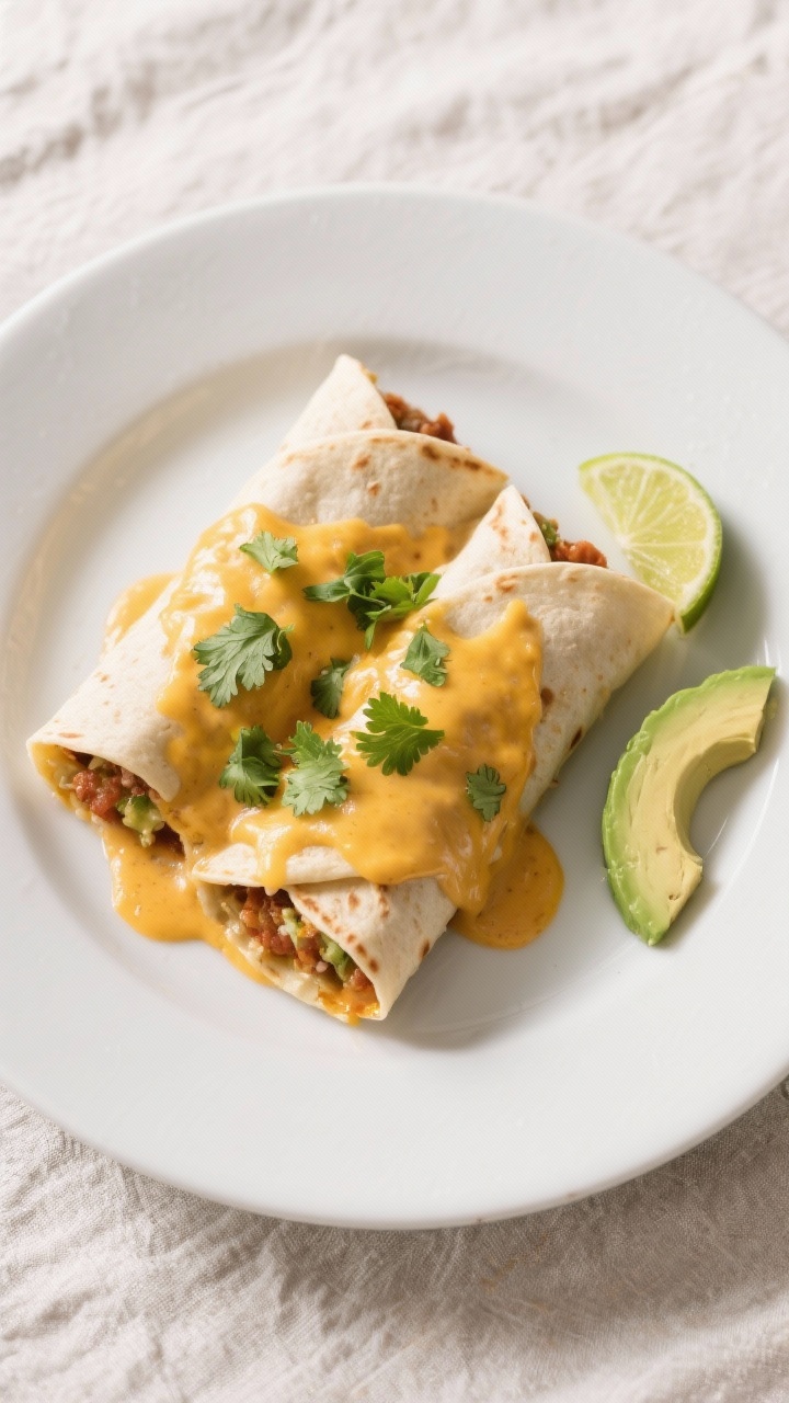 Tasty top view: Overhead shot of a plated serving—two enchiladas smothered in creamy sauce and mel