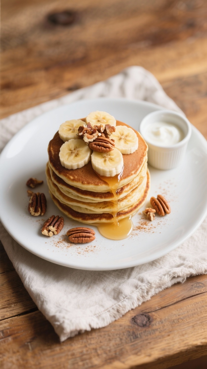 Tasty top view: Overhead shot of a tall stack of banana pancakes on a matte white plate, topped with