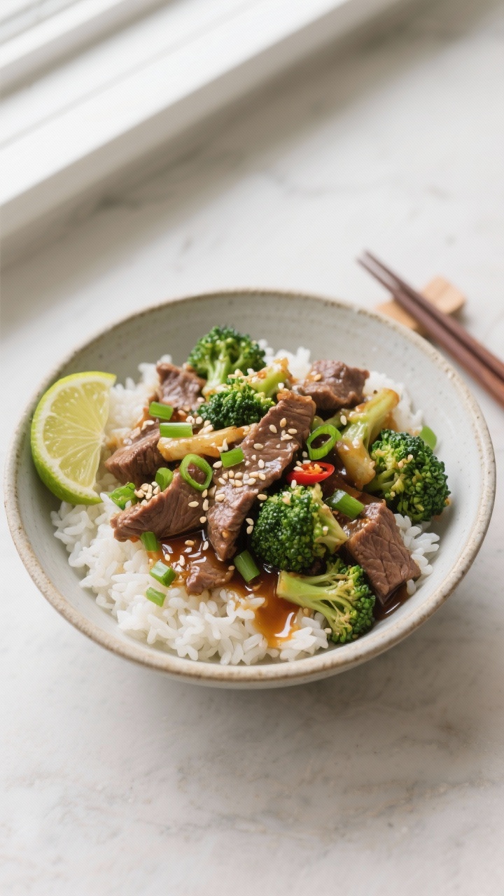 Tasty top view: Overhead shot of beef and broccoli stir fry served over fluffy white jasmine rice in