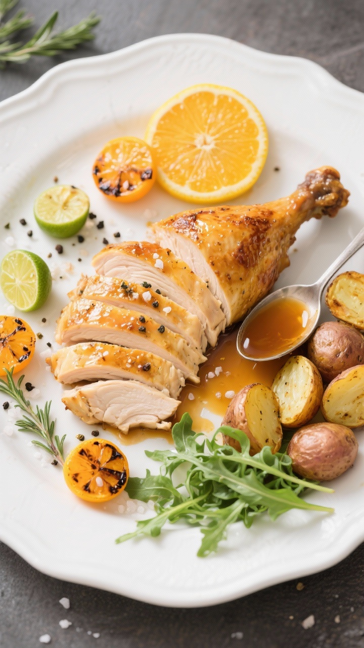 Tasty top view: Overhead shot of carved citrus chicken arranged on a white platter, fanned breast sl