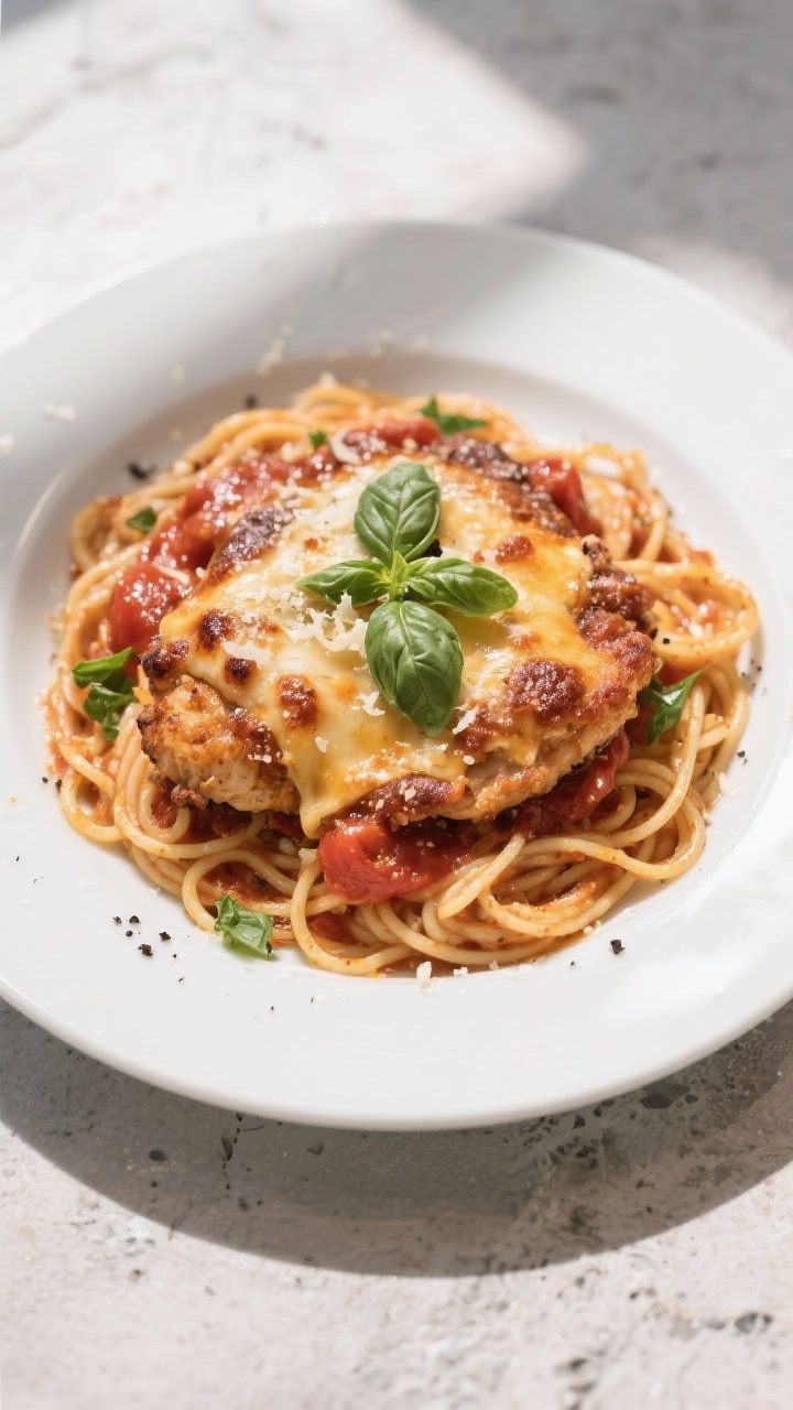 Tasty top view: Overhead shot of finished Chicken Parmesan served over twirls of spaghetti with extr
