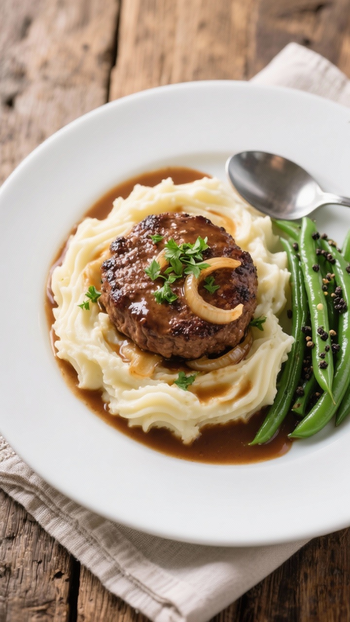 Tasty top view: Overhead shot of hamburger steak with rich onion gravy served over creamy mashed pot