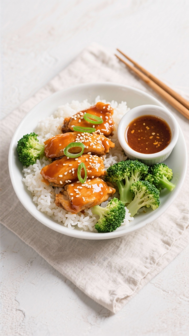 Tasty top view: Overhead shot of orange chicken served over fluffy steamed rice with bright green br