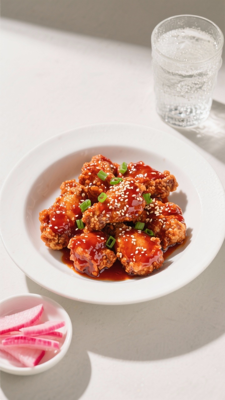 Tasty top view: Overhead shot of sauced Korean fried chicken in a wide white bowl, thin glossy gochu