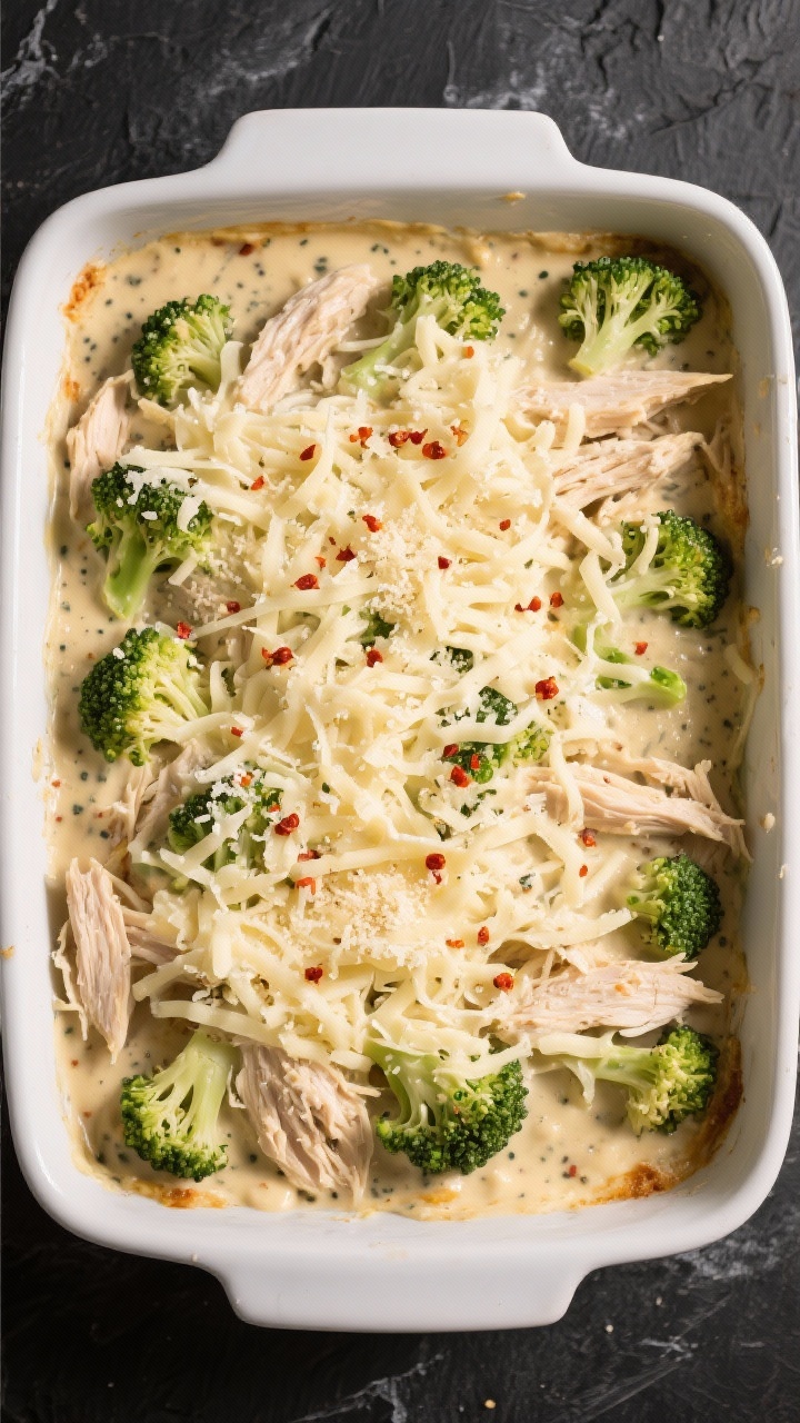 Tasty top view: Overhead shot of the assembled casserole before baking—shredded chicken and blanch