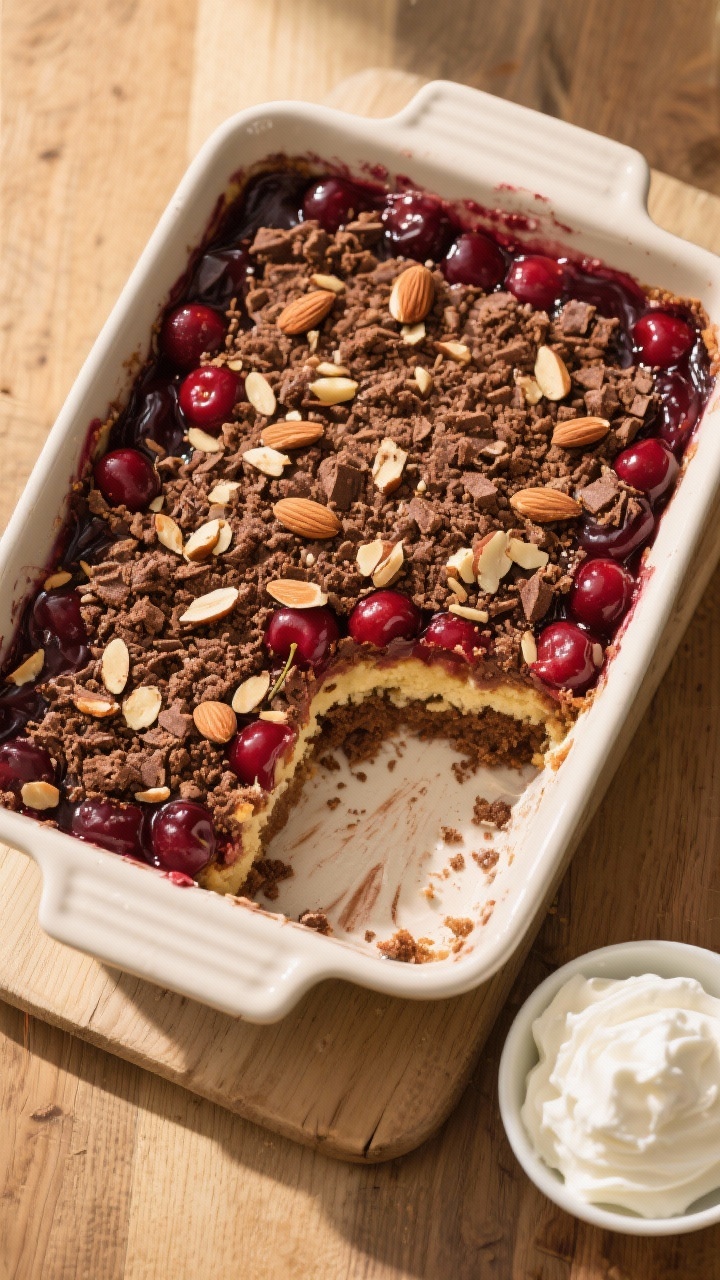 Tasty top view: Overhead shot of the finished dump cake served family-style in the baking dish with