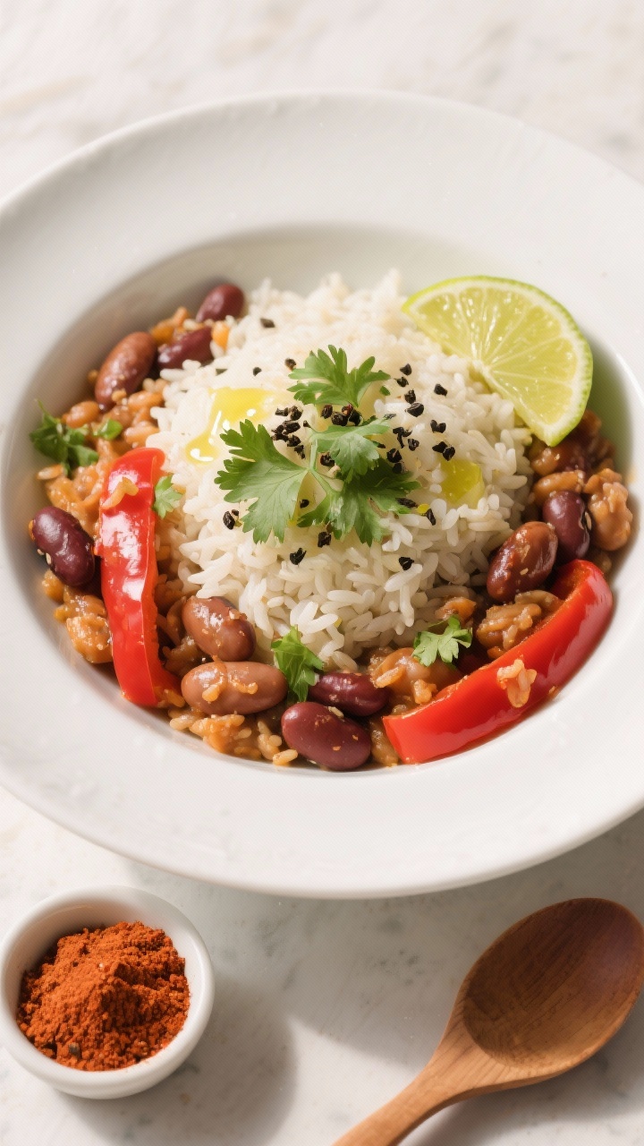 Tasty top view: Overhead shot of the finished rice and beans in a wide, shallow white bowl—sprinkl