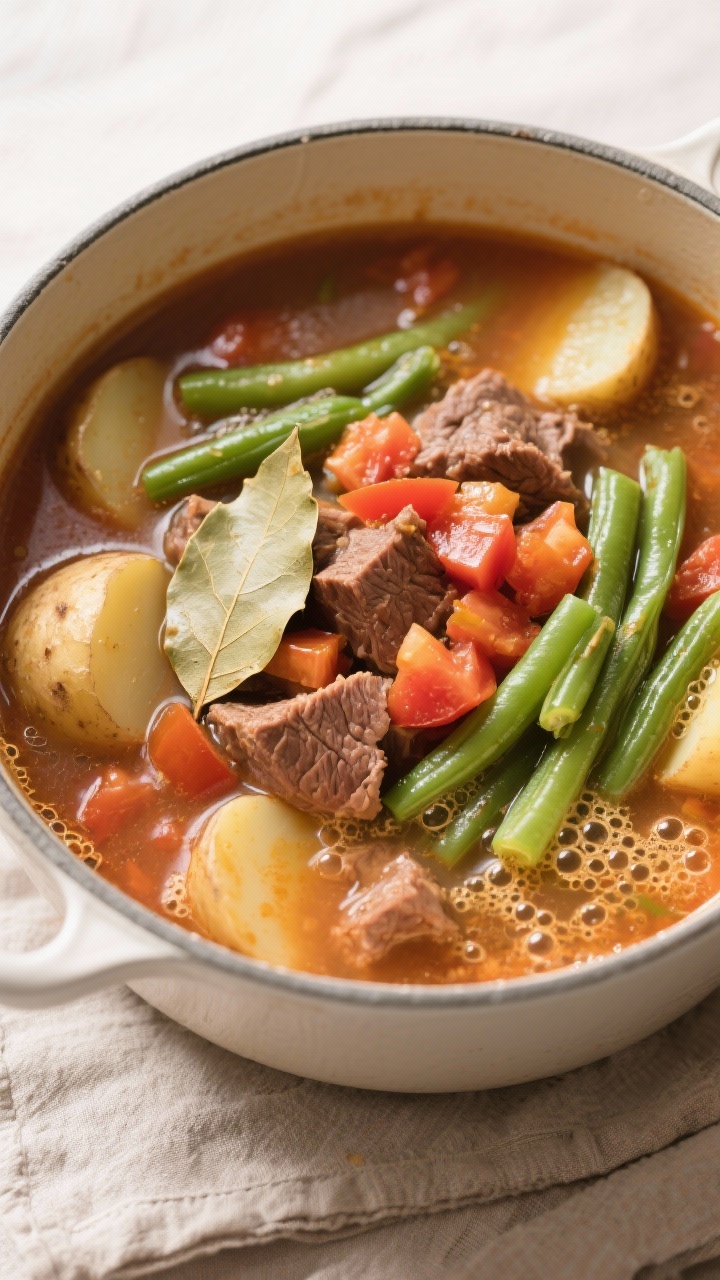 Tasty top view: Overhead shot of the simmering soup base with beef, potatoes, and green beans—brot