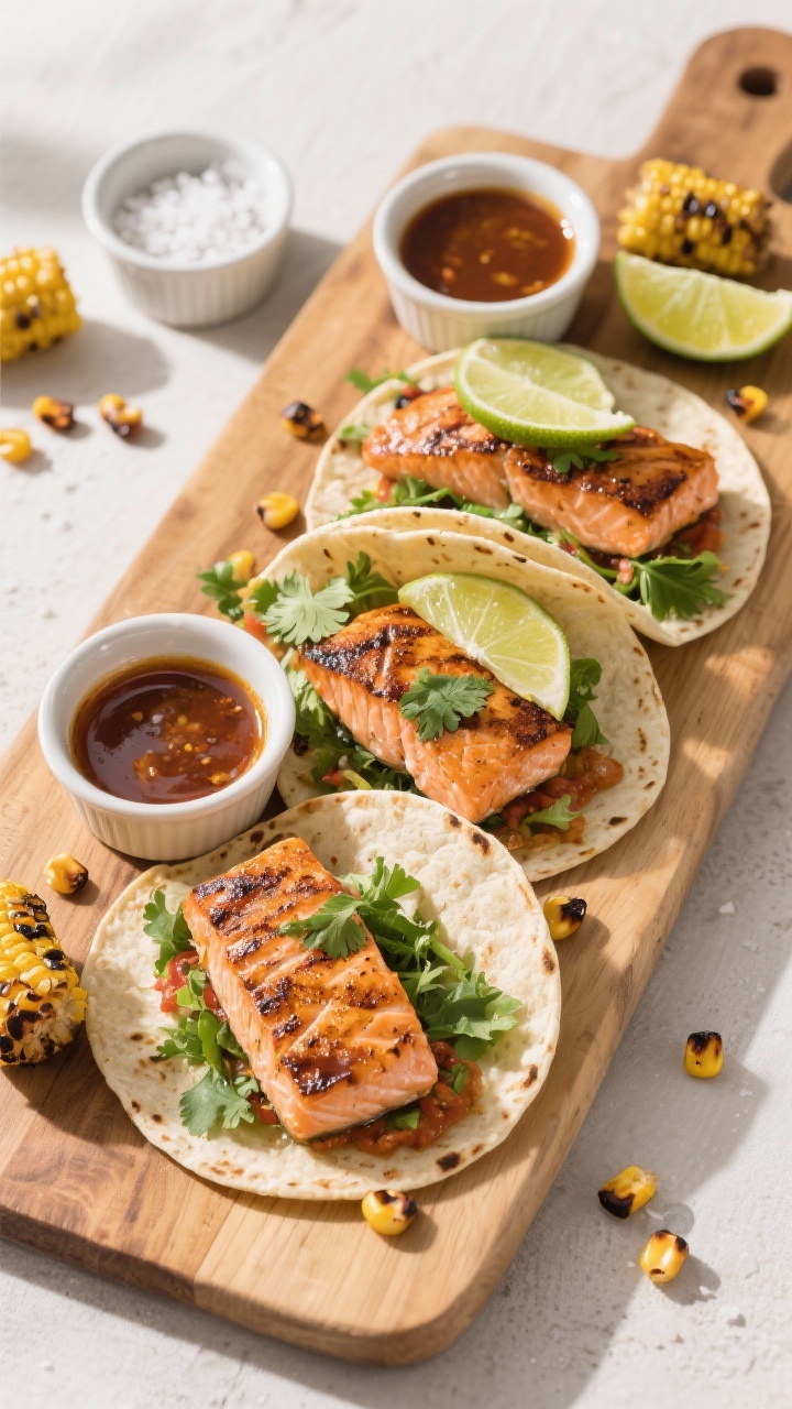 Tasty top view: Overhead Tex-Mex-inspired salmon taco board—sliced grilled salmon with smoky crust