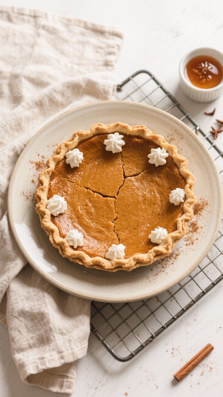 Tasty top view: Top-down hero of the fully baked pumpkin pie on a neutral ceramic pie dish, clean su
