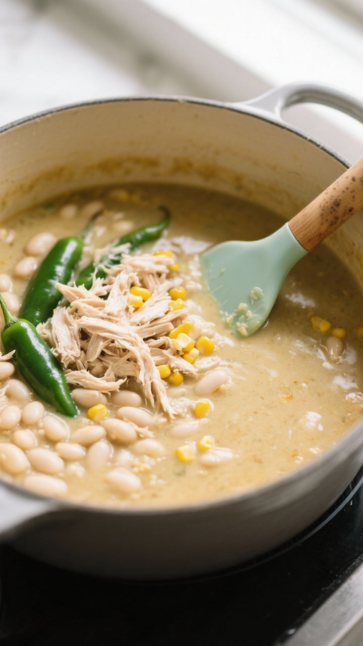 Thickening stage — Mashed beans creating a creamy base: Overhead shot of the simmering white chili