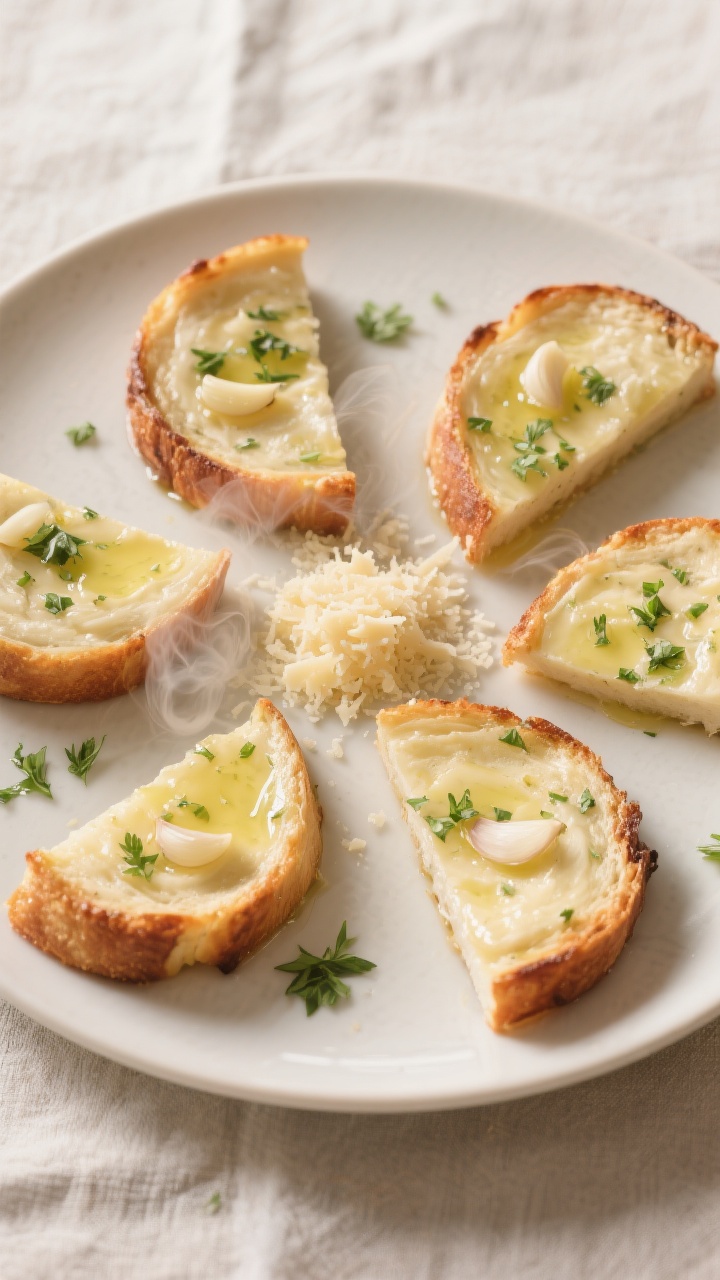 5 inch angled slices arranged in a circular pattern, showing crisp edges, glistening garlic butter s