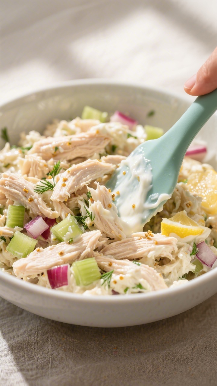 Close-up detail: A bowl of freshly combined canned chicken salad being gently folded with a silicone