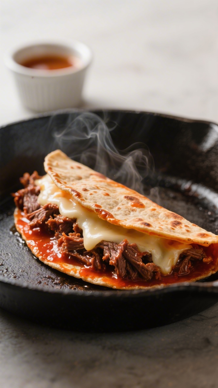 Close-up detail: A folded birria taco on a hot cast-iron skillet mid-cook, tortilla tinted red-orang