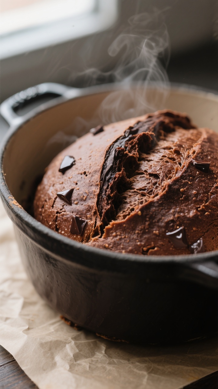 Close-up detail: A freshly baked chocolate sourdough loaf just out of a Dutch oven, crust split alon