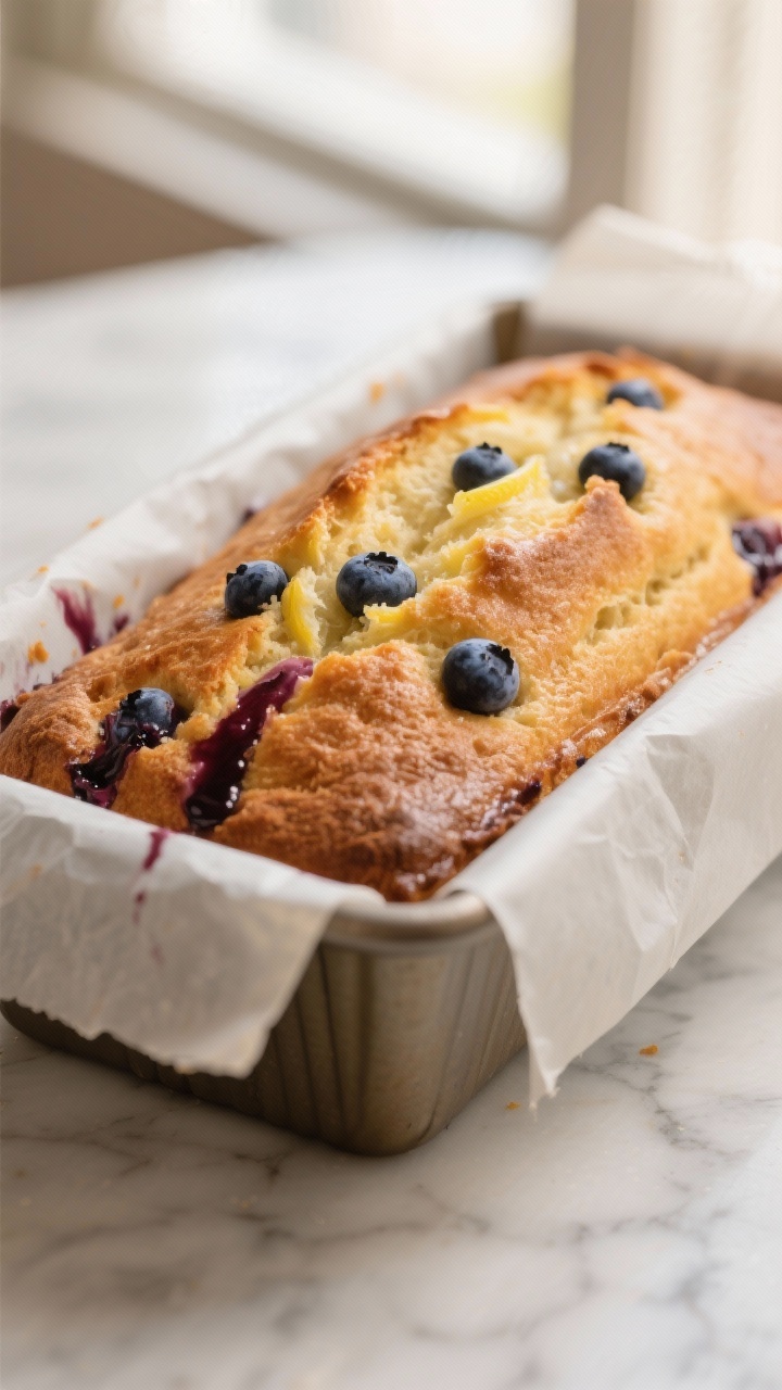 Close-up detail: A freshly baked lemon blueberry yogurt loaf just lifted from the pan, golden crust