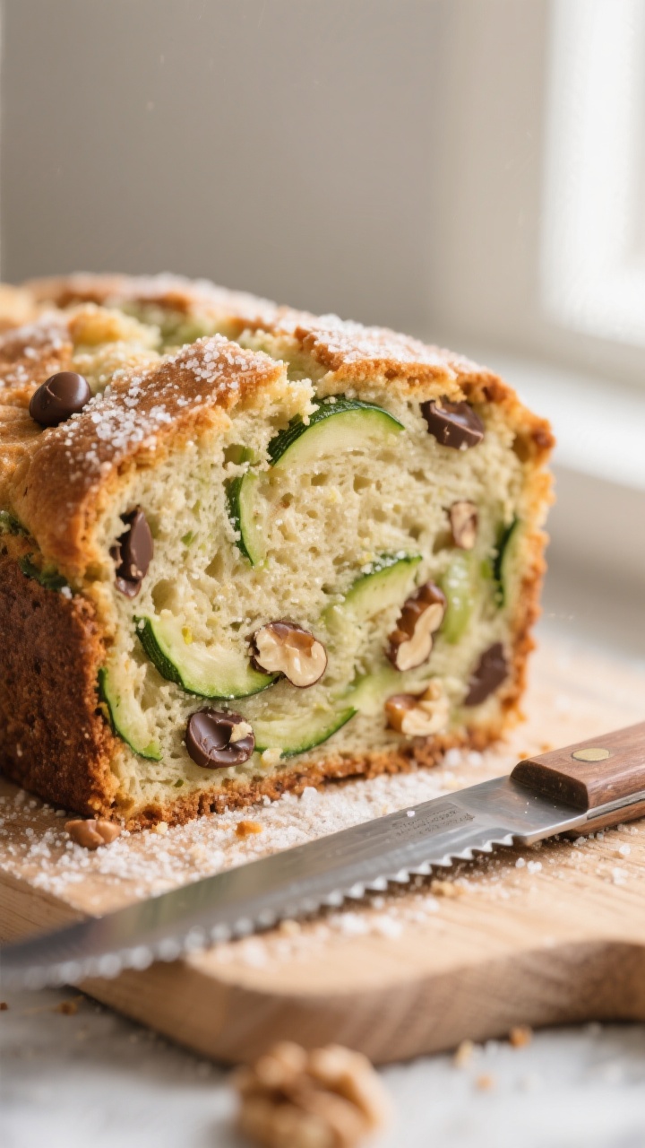 Close-up detail: A freshly baked slice of zucchini bread with a moist, tender crumb and visible gree