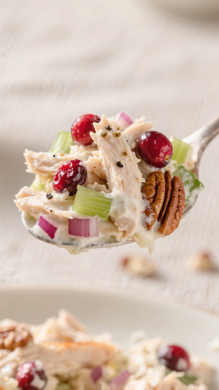 Close-up detail: A heaping spoonful of creamy cranberry chicken salad just after mixing, showing ten