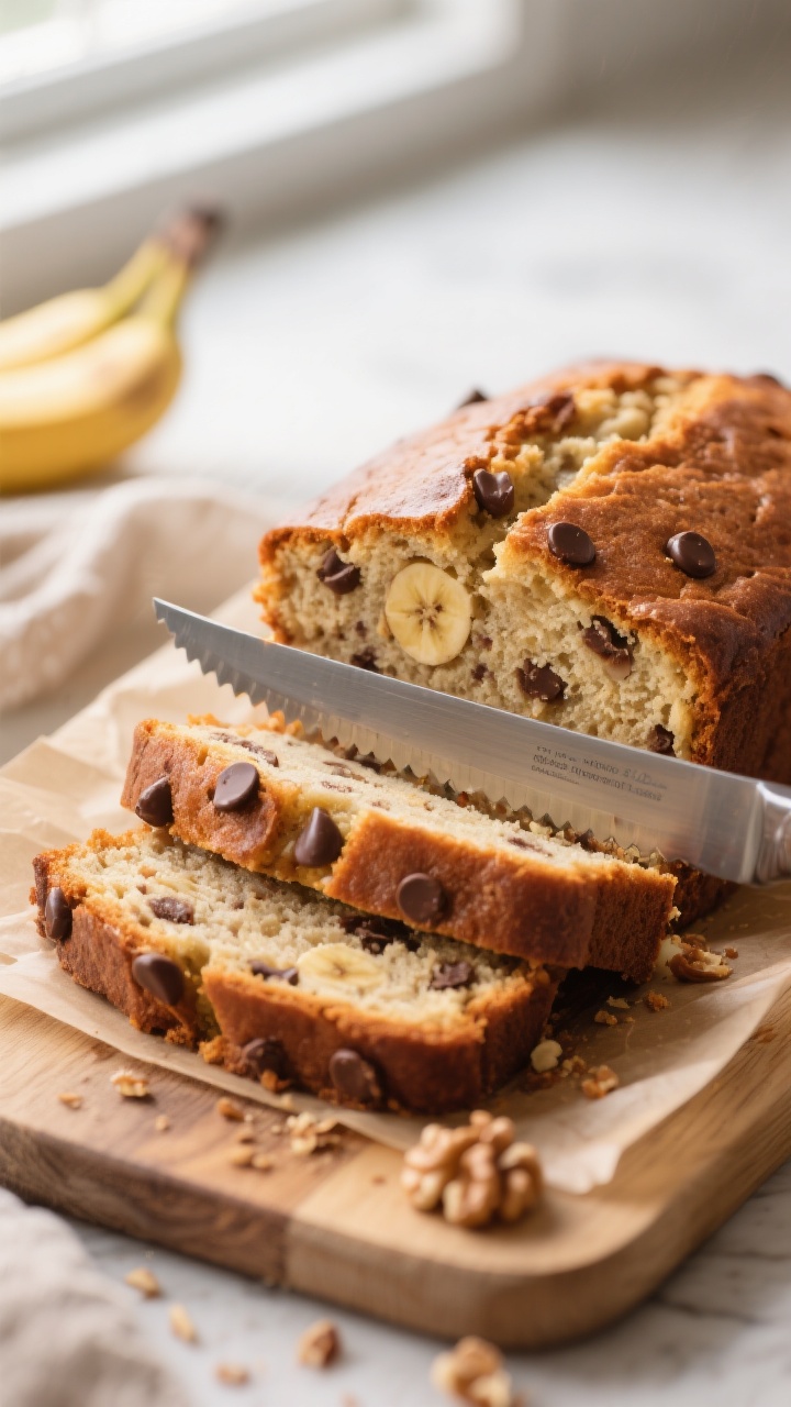 Close-up detail: A just-baked banana bread loaf sliced with a serrated knife, showing an ultra-moist