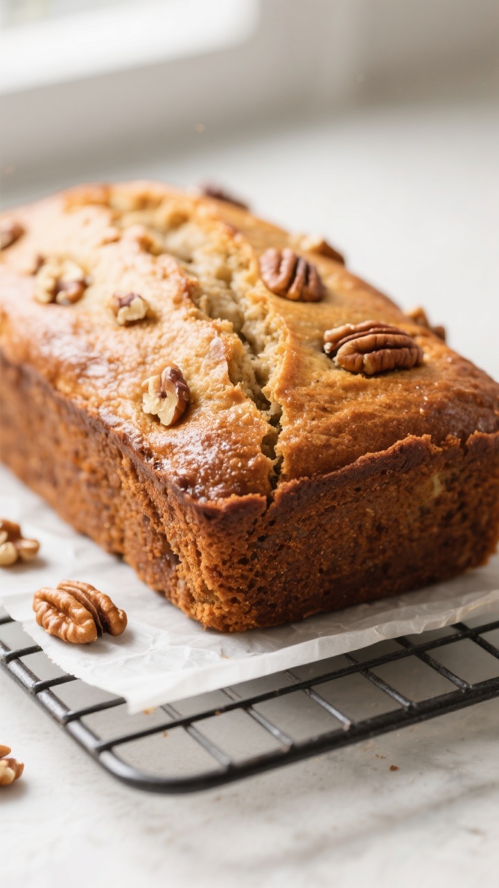 Close-up detail: A just-baked banana nut bread loaf cooling on a wire rack, crust deeply golden with