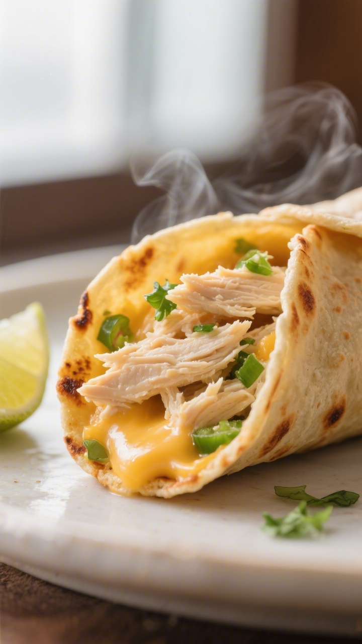Close-up detail: A tight macro shot of a freshly baked chicken taquito just cracked open, revealing