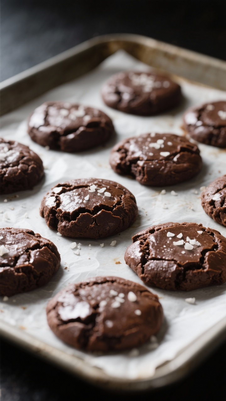 Close-up detail: A tray of freshly baked keto flourless fudge cookies cooling on parchment, glossy c