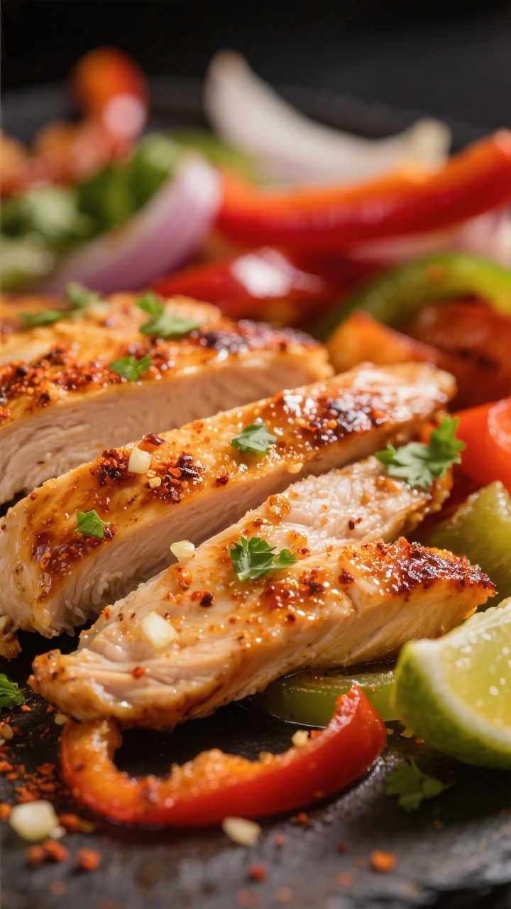 Close-up detail — Caramelized chicken: Ultra-close shot of thinly sliced chicken fajita strips jus