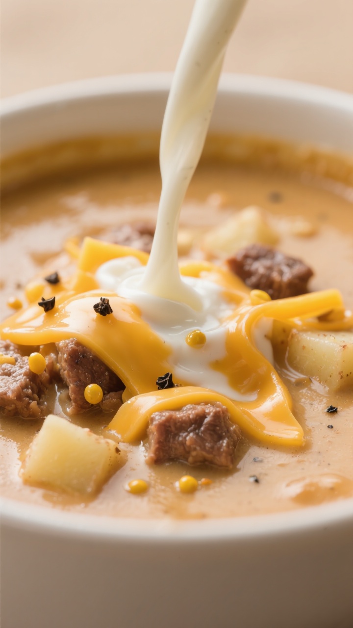 Close-up detail — Cheese melt moment: Ultra-close shot of velvety cheeseburger soup just after sti