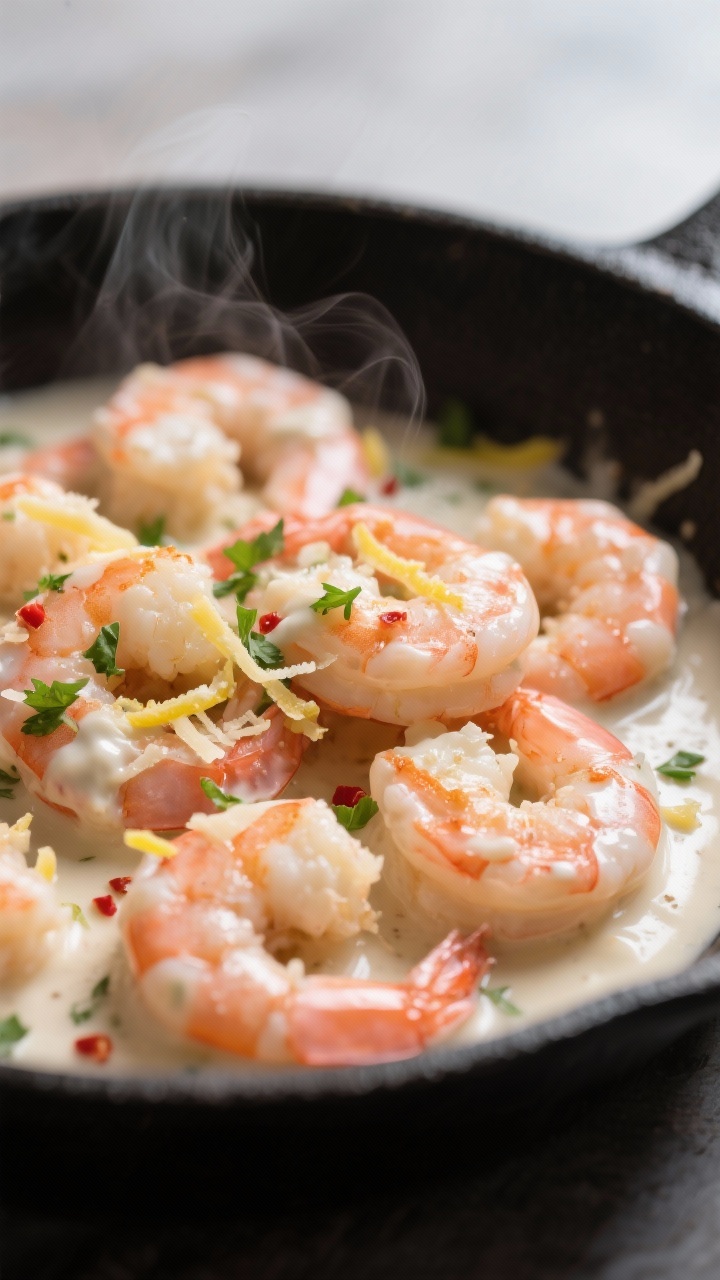 Close-up detail: Creamy garlic shrimp just after being returned to the pan, glistening pink shrimp c