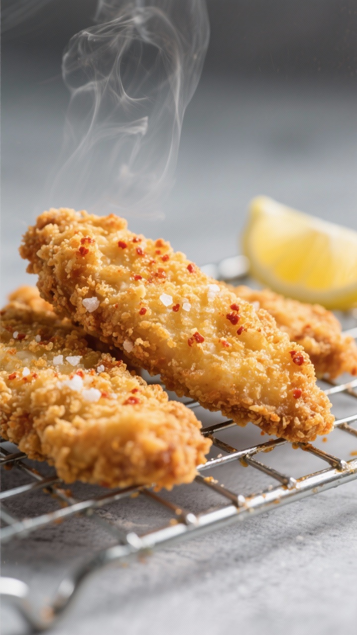 Close-up detail: Crispy air fryer chicken strip just out of the basket, golden panko-parmesan crust